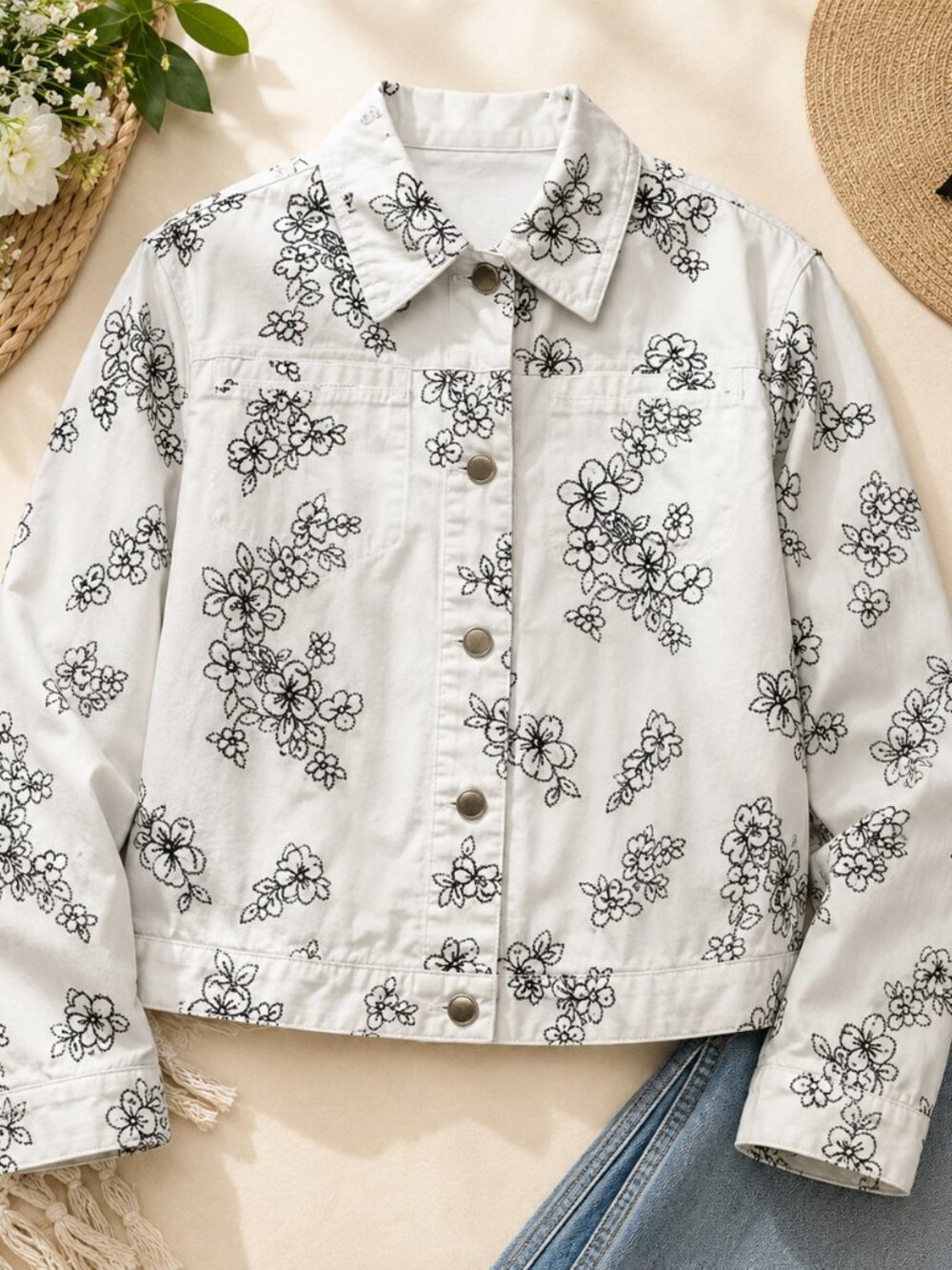 Joanna Embroidered Floral Jacket Large White Cotton Button Up
